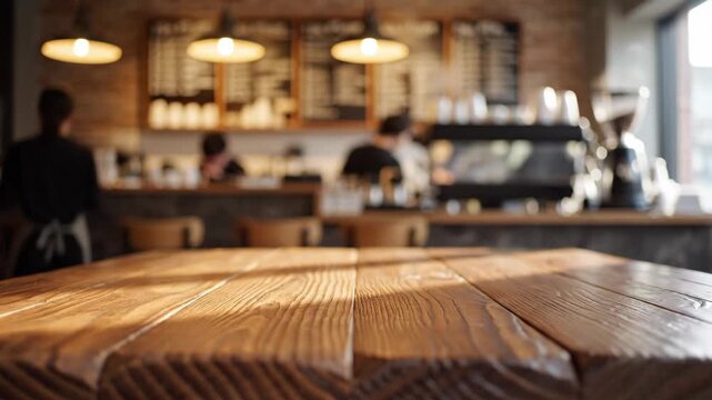 Coffee Shop Tabletop - A close-up shot of a wooden tabletop with sunlight shining across the surface. In the blurred background is a coffee shop with employees, espresso machine, menu boards, and