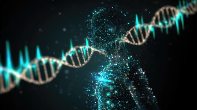 Modern medical visualization combining brainwaves, heartbeat, and DNA in soft light.