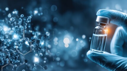 Gloved hand holds a medical vial with a chemical structure background