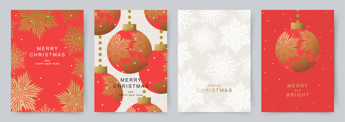 Merry Christmas greeting cards. Red and gold backgrounds with baubles and snowflakes. Abstract trendy vector illustration © Feodora_21