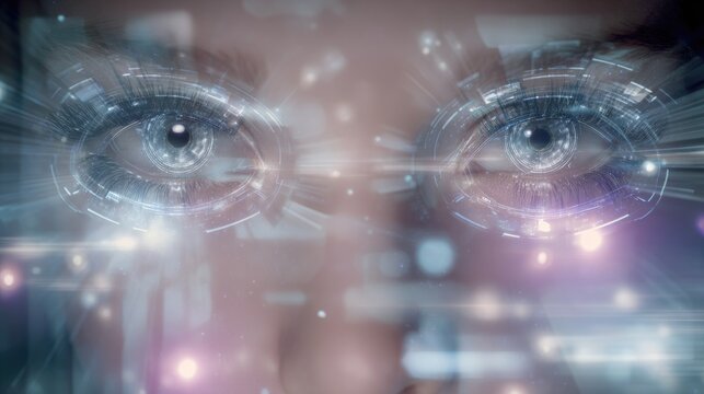 Futuristic AI-human interface visual showing eyes controlling digital panels. A soft glowing 3D render with translucent UI layers.