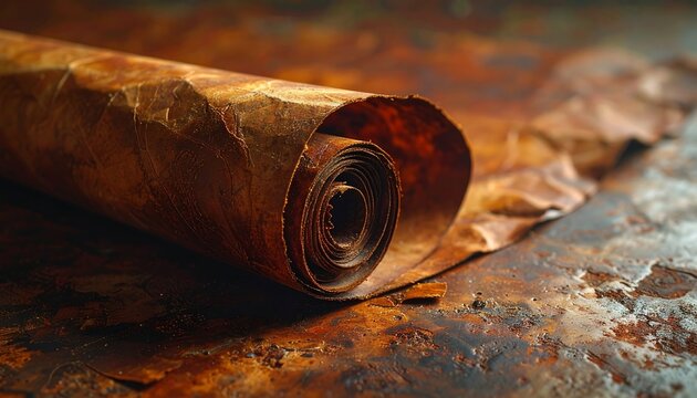 Close-up shot of an ancient scroll unrolled on a textured surface