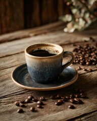 Close-up of aromatic coffee in a mug with rustic textures. Evokes comfort and authentic coffee experience.
