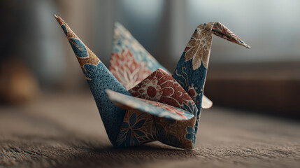 A beautifully crafted origami crane sits on a wooden surface, its intricate floral patterns highlighted in soft, ambient light.