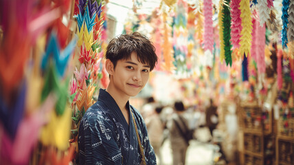 Obraz premium 男性が七夕飾りを背に笑顔で立つ