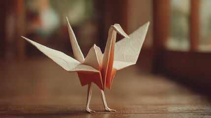 An origami crane with a red and white color scheme stands elegantly on a wooden surface, symbolizing peace and creativity.