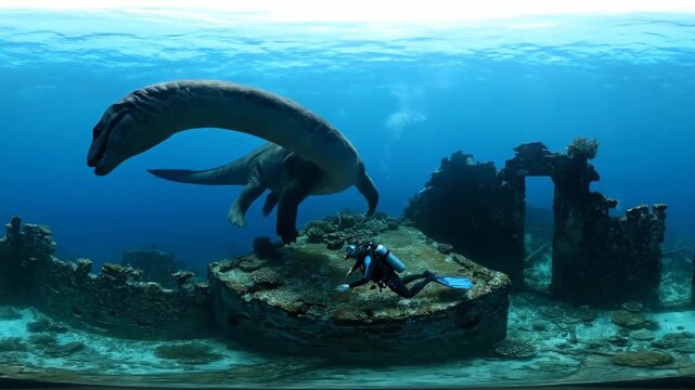 Scuba diver encountering a large plesiosaur creature while exploring underwater ruins on a sandy seabed, representing themes of fantasy, mystery, and ancient discovery in a surreal ocean environment