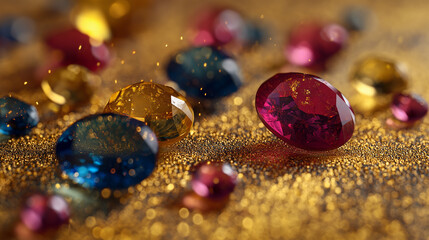 AI generator images of Multicolored gemstones shining brightly in a radiant white environment with elegance and luxury, Assorted colorful precious gemstones and jewelry Luxury Designer Necklaces