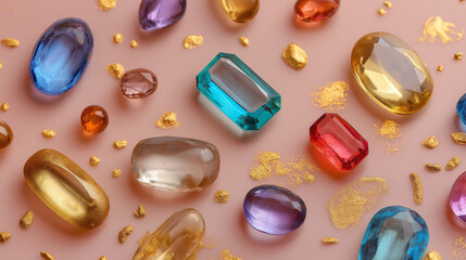 AI generator images of Multicolored gemstones shining brightly in a radiant white environment with elegance and luxury, Assorted colorful precious gemstones and jewelry Luxury Designer Necklaces