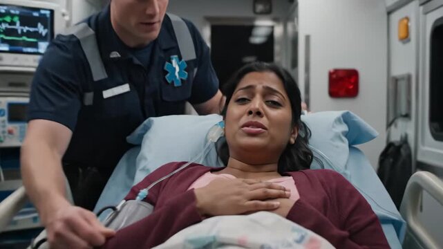 Paramedic Assisting Patient in Ambulance - A paramedic in uniform is tending to a female patient lying on a stretcher inside an ambulance.