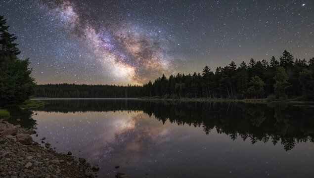 Celestial Reflection on Still Waters, an Ethereal Dreamscape of Starry Skies.