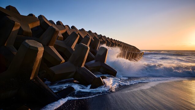 Sunset Serenity on Tetrapod Shores - Tsunami-Resistant Coastal Armor