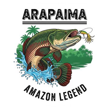 arapaima as a logo print design on various media such as t-shirts, mugs, hats, tote bags, etc. for various events related to fishing hobbies, vintage cartoon flat design illustrations
