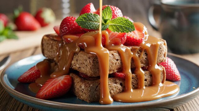 Delicious French Toast with Strawberries and Caramel Sauce - A mouthwatering stack of French toast is topped with fresh strawberries, a sprig of mint, and a generous drizzle of caramel sauce.