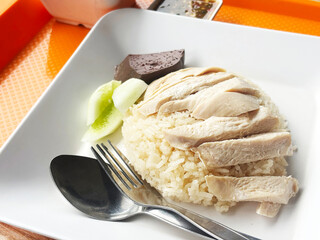 Thai-Chinese dish featuring tender chicken slices over fragrant rice, blood jelly, cucumber, and savory sauce. A classic Asian meal with bold flavors and traditional ingredients