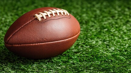Close-up of an american football ball resting on green artificial turf