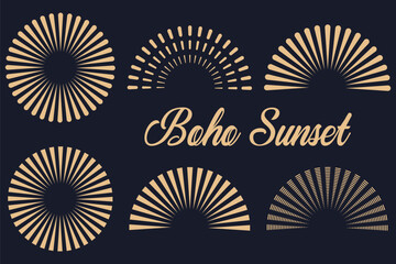 Fototapeta premium Orange Sun print boho minimalist printable Line fireworks. Starburst, shining sun ray icons, radial spark and sunburst simple sign. festive fireworks for New Year and Independence Day celebration.