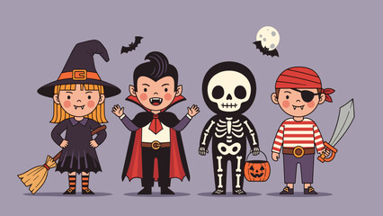 Cute Cartoon Kids in Halloween Costumes: Witch, Vampire, Skeleton, Pirate Characters with Spooky Elements