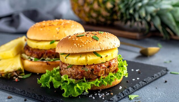 Two gourmet burgers featuring a juicy grilled patty topped with grilled pineapple slices on sesame buns, served on a slate - Powered by Adobe