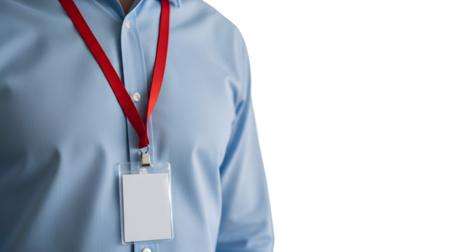 Close-up of a person in a light blue shirt wearing a red lanyard and blank white ID badge holder ID card isolated on a transparent background