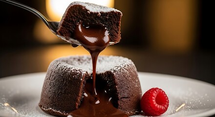 Delectable chocolate lava cake with powdered sugar and a fresh raspberry