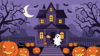 Halloween night illustration with haunted house, trick-or-treating kids, jack-o'-lanterns, bats, and spooky trees