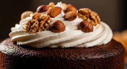 Decadent Brown Cake with Creamy Swirls and Assorted Nuts Garnishing Top