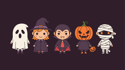 Chibi Halloween Characters Set: Cute Ghost, Witch, Vampire, Pumpkin, Mummy Costumes
