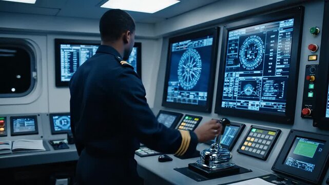 Black male officer operating a joystick while monitoring multiple digital screens displaying navigation data and complex readouts in a high-tech control room on a vessel