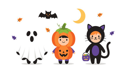 Cute Halloween Costumes Illustration: Ghost, Pumpkin, and Black Cat Characters with Autumn Elements