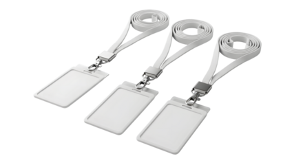 Three blank white ID card holders with white lanyards and silver clips arranged diagonally ID card badge holder isolated on a transparent background