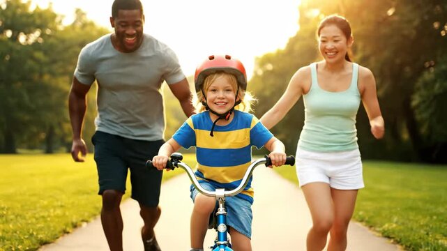 Multiracial couple teaching their happy young child with a helmet to ride a bicycle on a paved path in a green park, sharing a joyful family moment during sunset