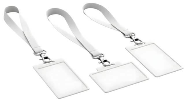 Three blank white ID card holders with lanyards on a transparent background ID card badge isolated on a transparent background
