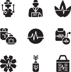 Medical icons featuring doctors medical equipment and health symbols stethoscope heartbeat