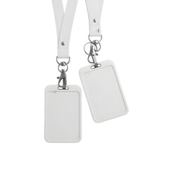Two blank white ID card holders with white lanyards and silver clips hanging down ID card badge holder isolated on a transparent background