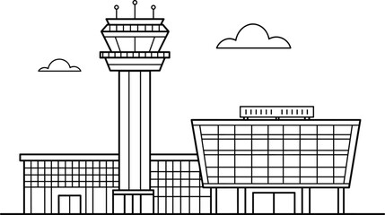Modern airport terminal building with air traffic control tower, aviation infrastructure illustration, minimal line art design showing travel, transportation, 