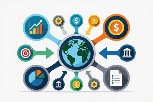 Global tax strategy consulting clipart: Stylized financial icons with global arrows, modern infographic style
