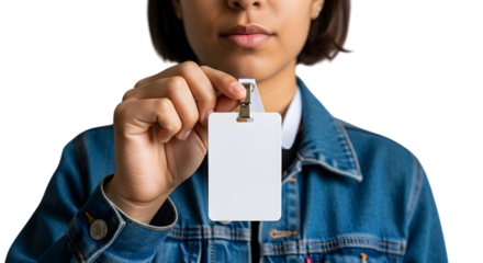 Woman in denim jacket holding blank white ID badge holder with white lanyard ID card isolated on a transparent background
