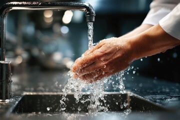 Chef washing hands thoroughly under running water in a stainless steel sink