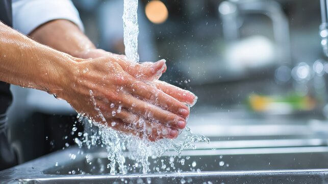 Chef or cook washing hands with water over a stainless steel industrial sink - Powered by Adobe