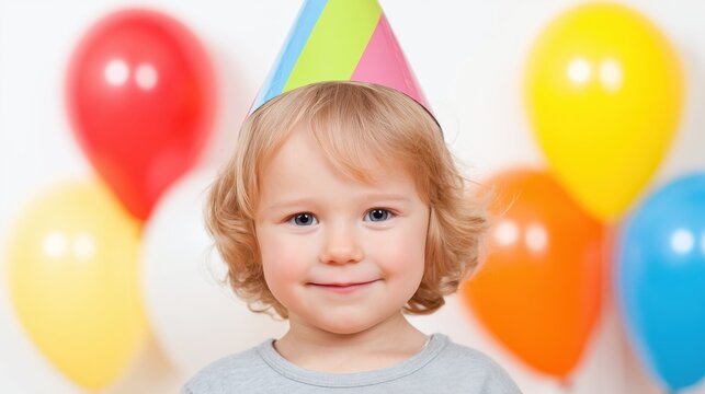 Smiling toddler wearing a party hat with colorful balloons background - Powered by Adobe