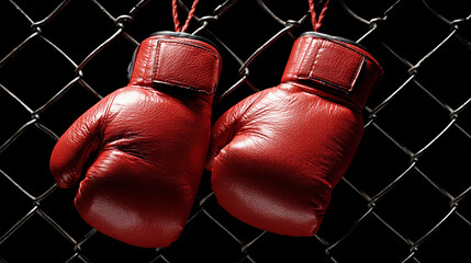 Red boxing gloves hanging on a chain link fence, showcasing the strength and spirit of the sport, perfect for illustrating determination and athleticism in action