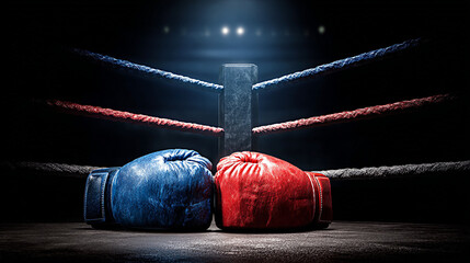 Boxing ring corner featuring symmetrical blue and red corner pads, with a dramatic lighting setup highlighting the gloves and ropes, creating an intense sports atmosphere