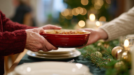 Close-up of elderly hands passing a red bowl of food across a festive holiday dining table with Christmas decorations and warm candlelight