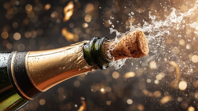 Explosion of champagne and cork from a bottle with golden confetti