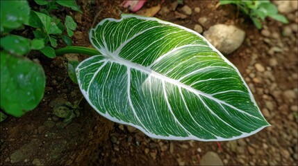A leaf with white and green stripes
