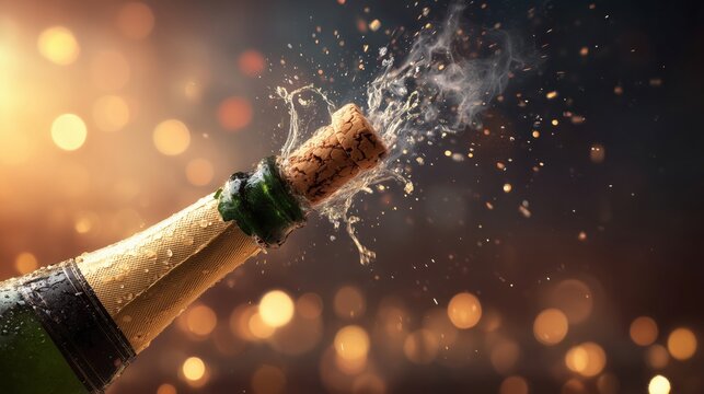 Champagne cork and bubbles exploding from a bottle at a festive party