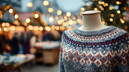 Christmas jumper displayed on a mannequin, showcasing intricate patterns, with a blurred Christmas market ambiance filled with festive lights and holiday spirit