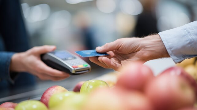 Customer paying for groceries at a supermarket checkout using a credit card
