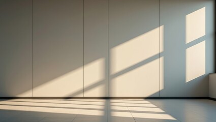 Obraz premium Empty room featuring a clean, minimalist design with sunlight streaming through a window, casting abstract shadows on the interior wall and tiled floor, conveying concepts of peace and emptiness